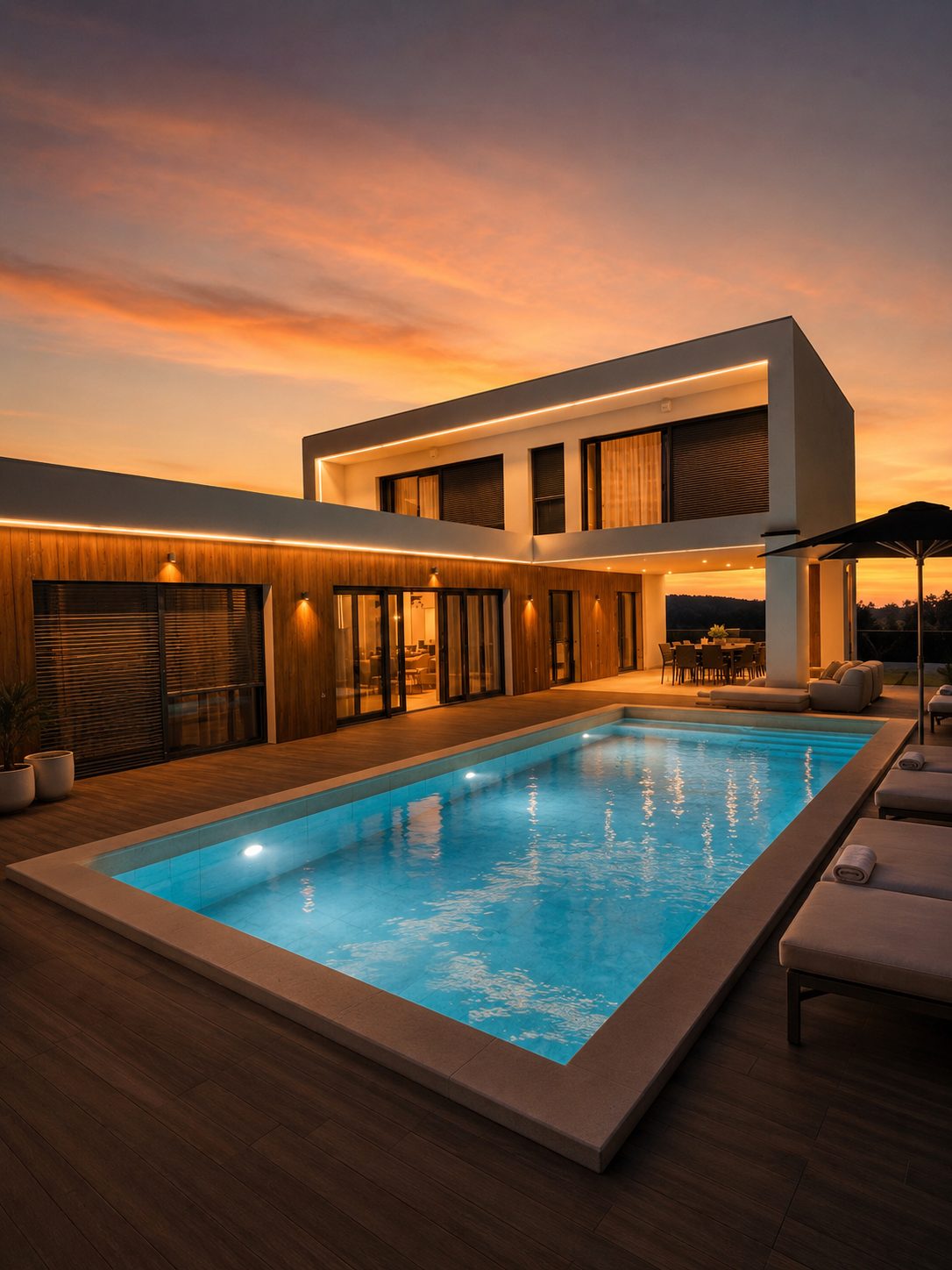 Villa Mariq — bazen i vila u sumrak